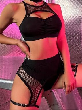 Black Mesh Cutout Bralette and Garters Set